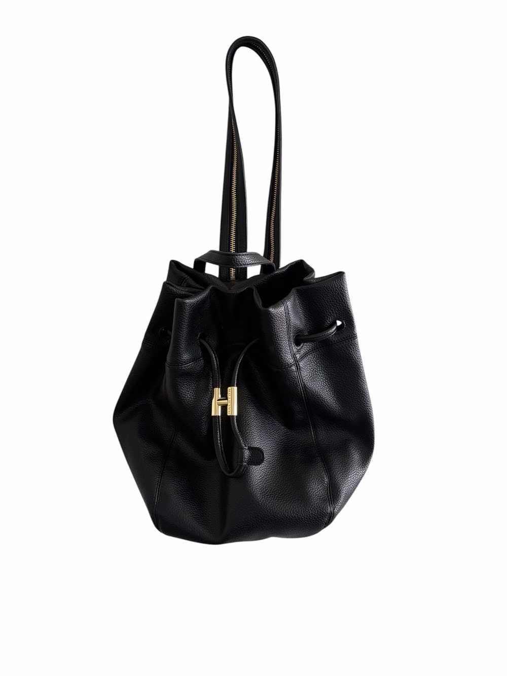 Halton Black Drawstring  Began Leather Bucket Bag with Gold Accent